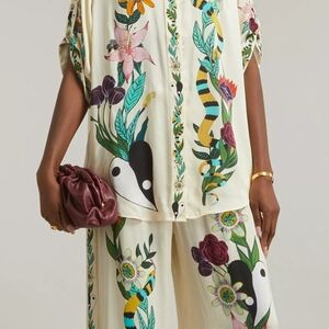 NWT Colorful Floral Art 2Piece Set Oversized Buttondown Shirt & Cinched Wide Leg